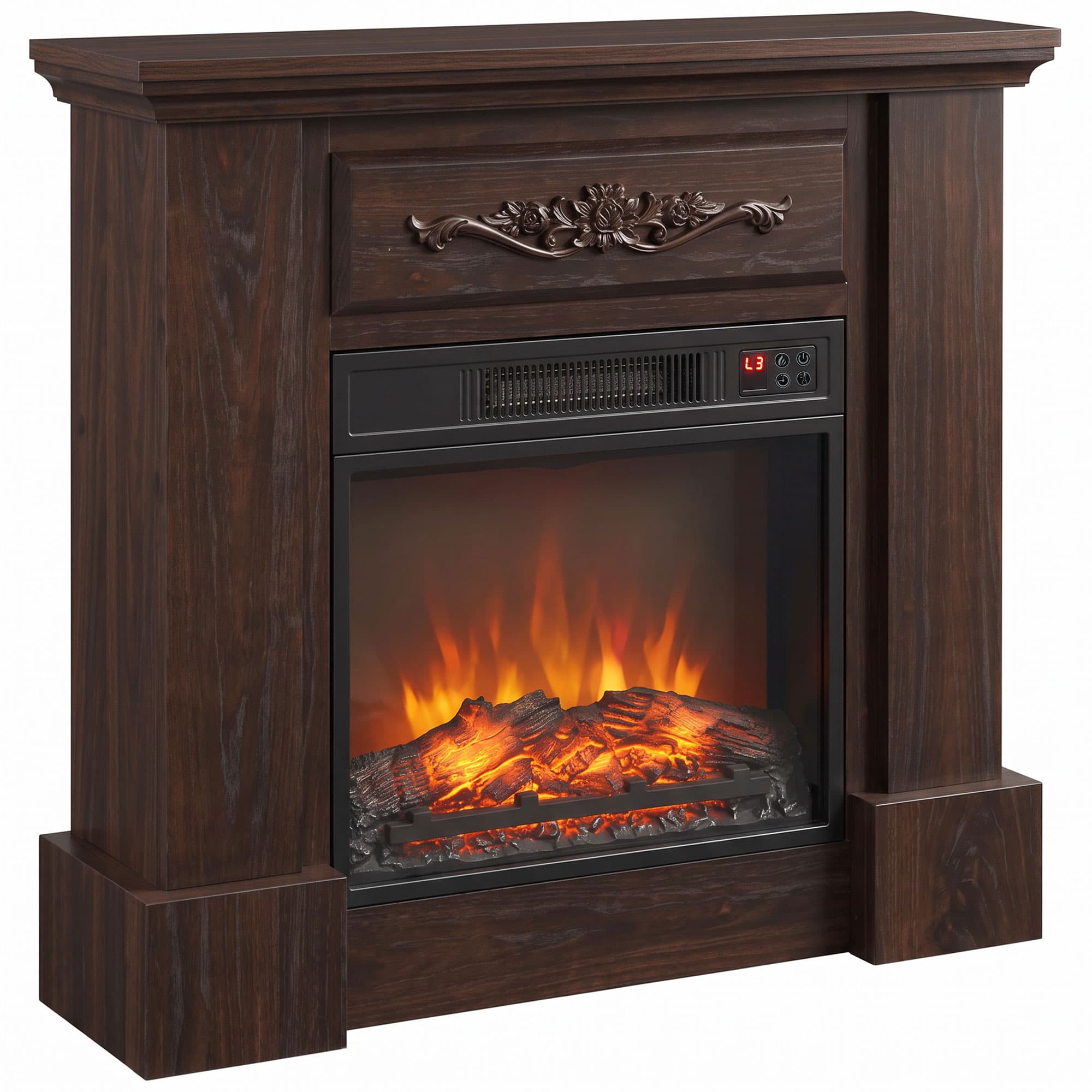 HOMCOM Cheminée électrique au sol 1800W avec effet flamme, télécommande, minuterie et température réglable, Marron
