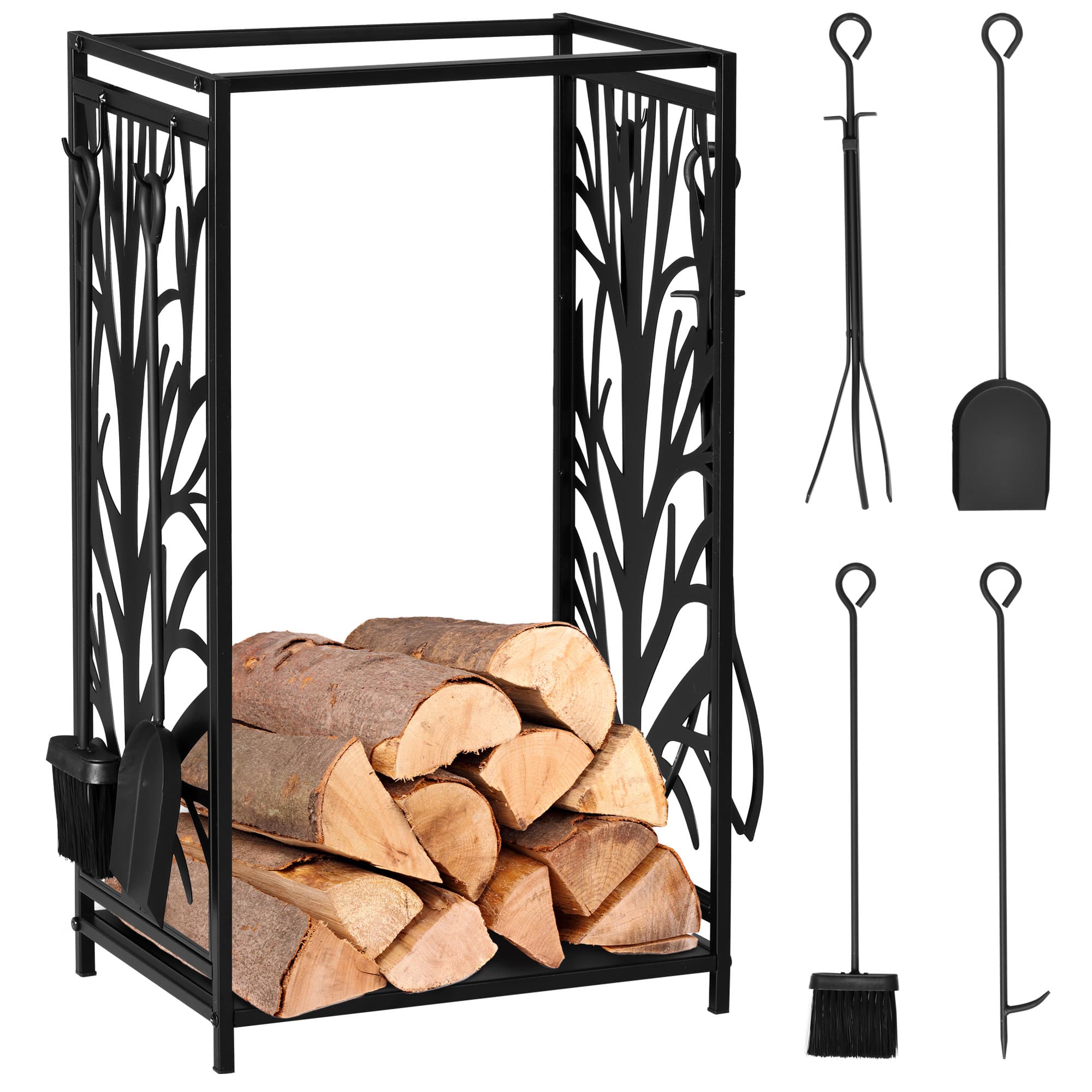 HOMCOM Porte-bûches range bûches étagère à bois de cheminée serviteur de cheminée arbre multi-accessoires dim. 46L x 29l x 70H cm acier noir