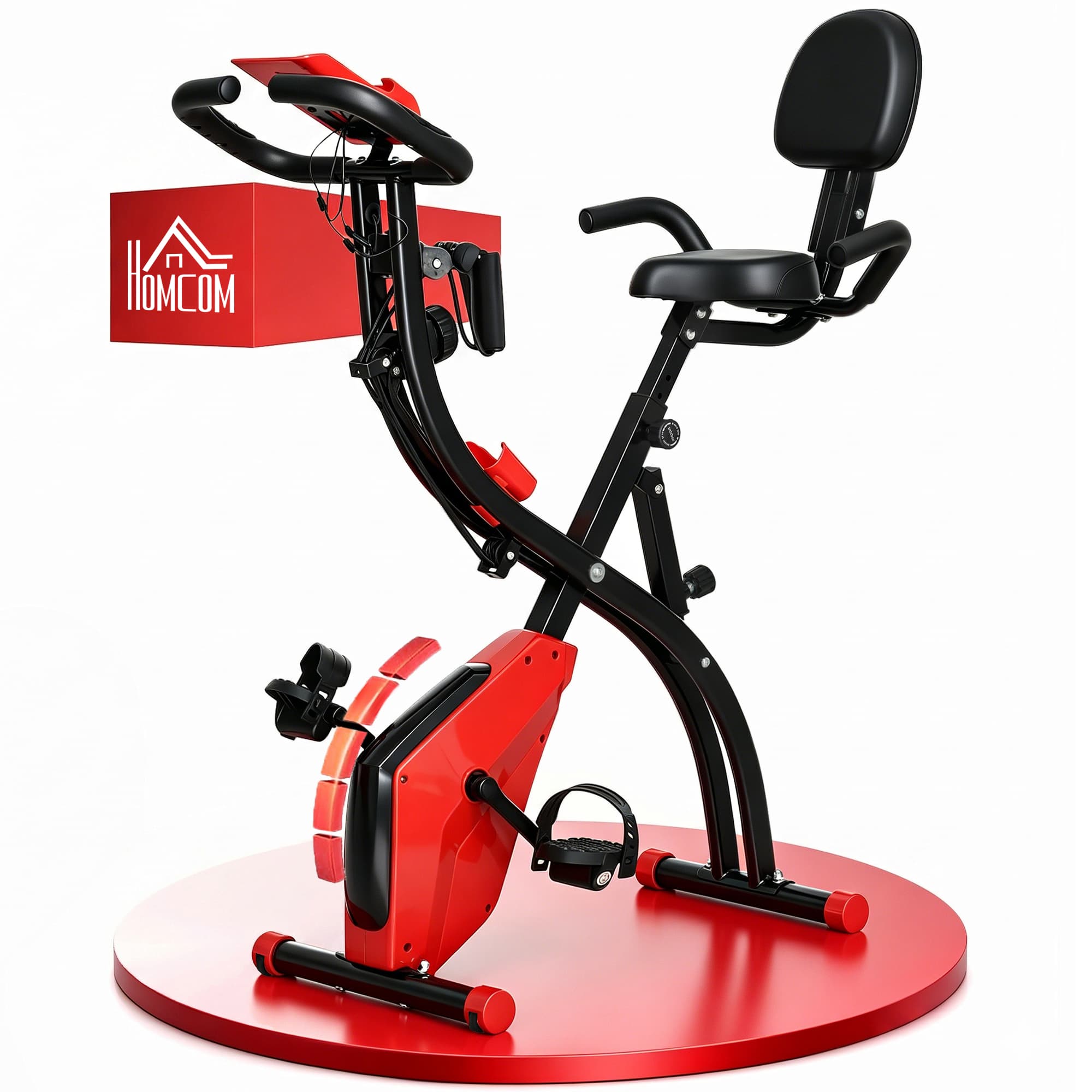 HOMCOM Vélo d'appartement pliant 8 niveaux de résistance écran LCD multifonction suspensions support tablette acier rouge noir