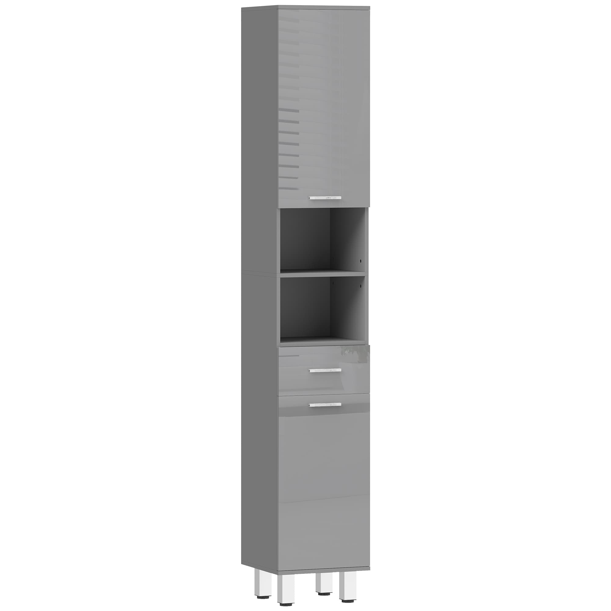 HOMCOM Meuble colonne salle de bain avec étagères réglables et compartiments ouverts, 30x30x180cm, gris brillant
