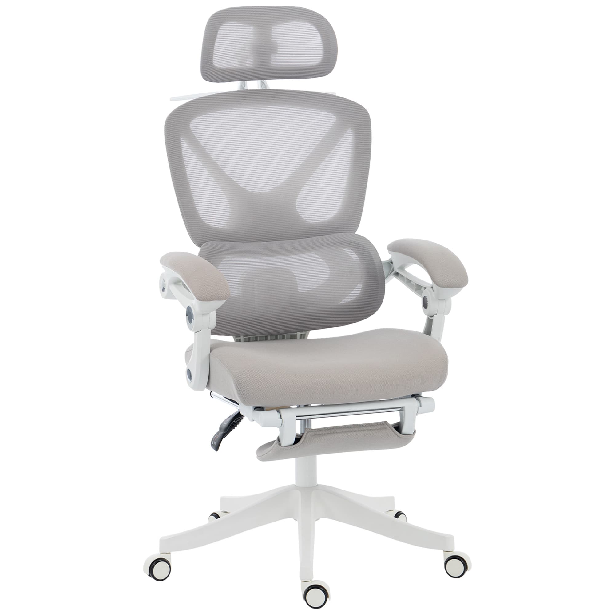 HOMCOM Chaise Bureau Ergonomique avec Appui-Tête Réglable, Fauteuil de Bureau Inclinable en Maille, Dossier Séparé, Gris