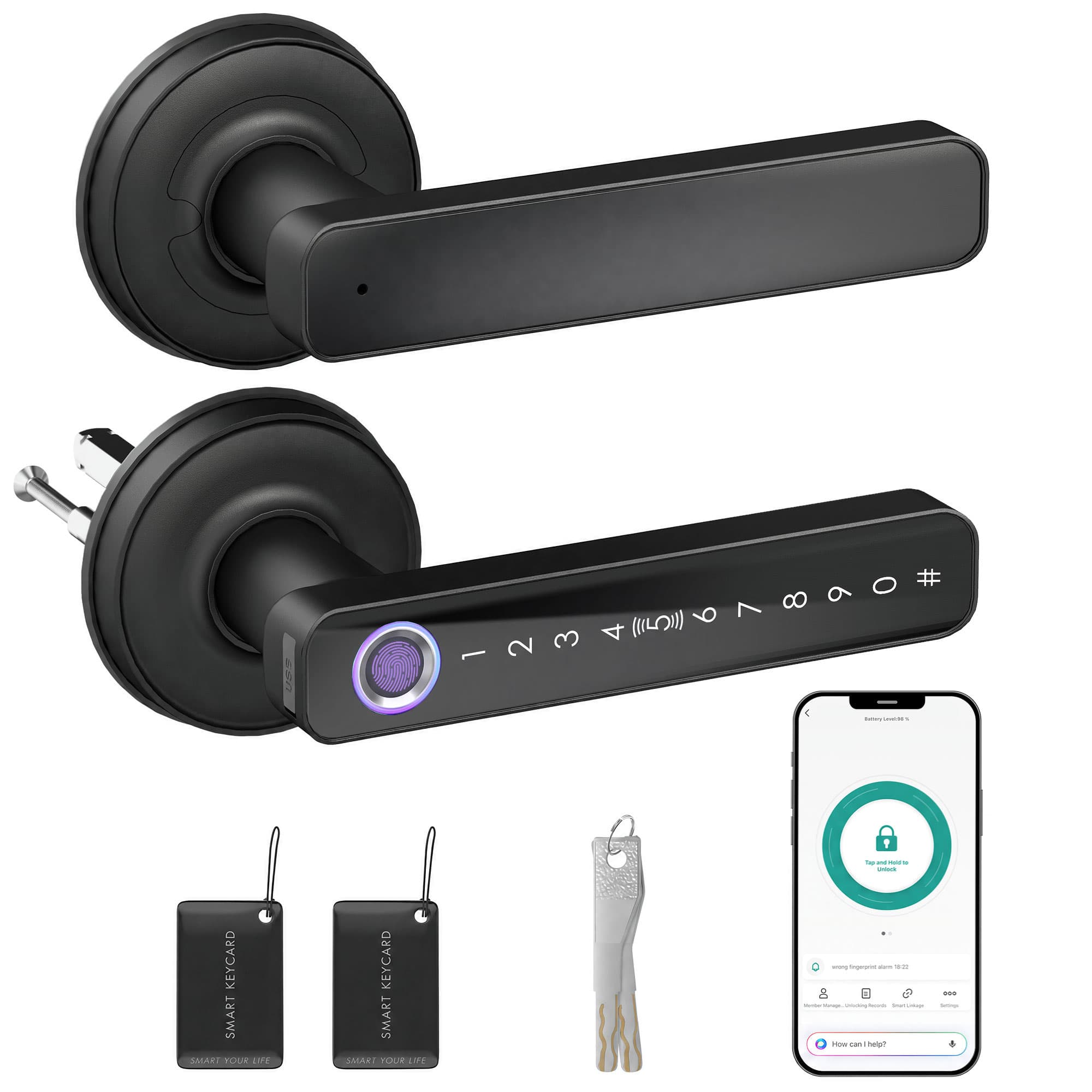 HOMCOM Serrure de Porte Intelligente, 5 Accès par Empreinte, Code, Carte NFC, Application Tuya/Smart Life et Clé, Noir