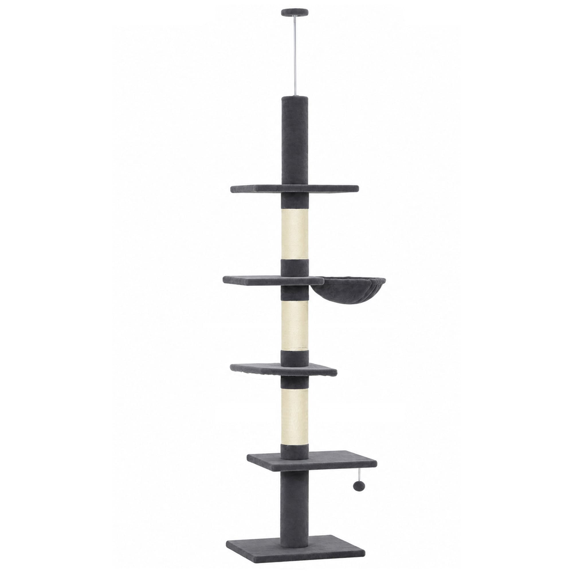 PawHut Arbre à chat hauteur plafond 225-255 cm réglable, 5 niveaux, 3 poteaux en sisal, hamac, plateformes