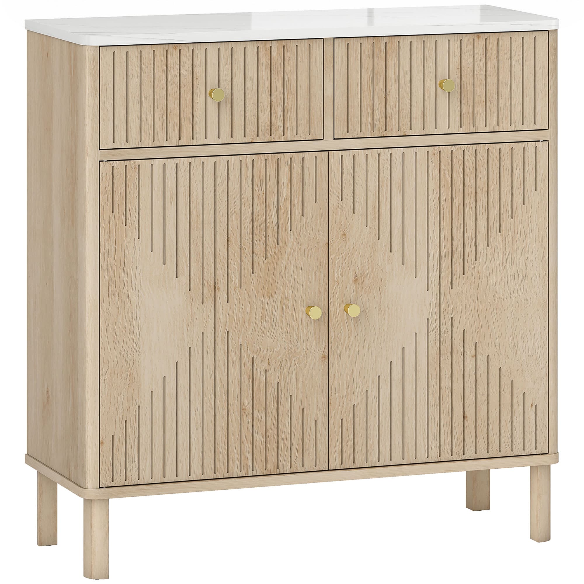HOMCOM Buffet, meuble de rangement cannelé avec plateau effet marbre, 2 tiroirs, 2 portes, étagère réglable, 77x30x80cm, chêne