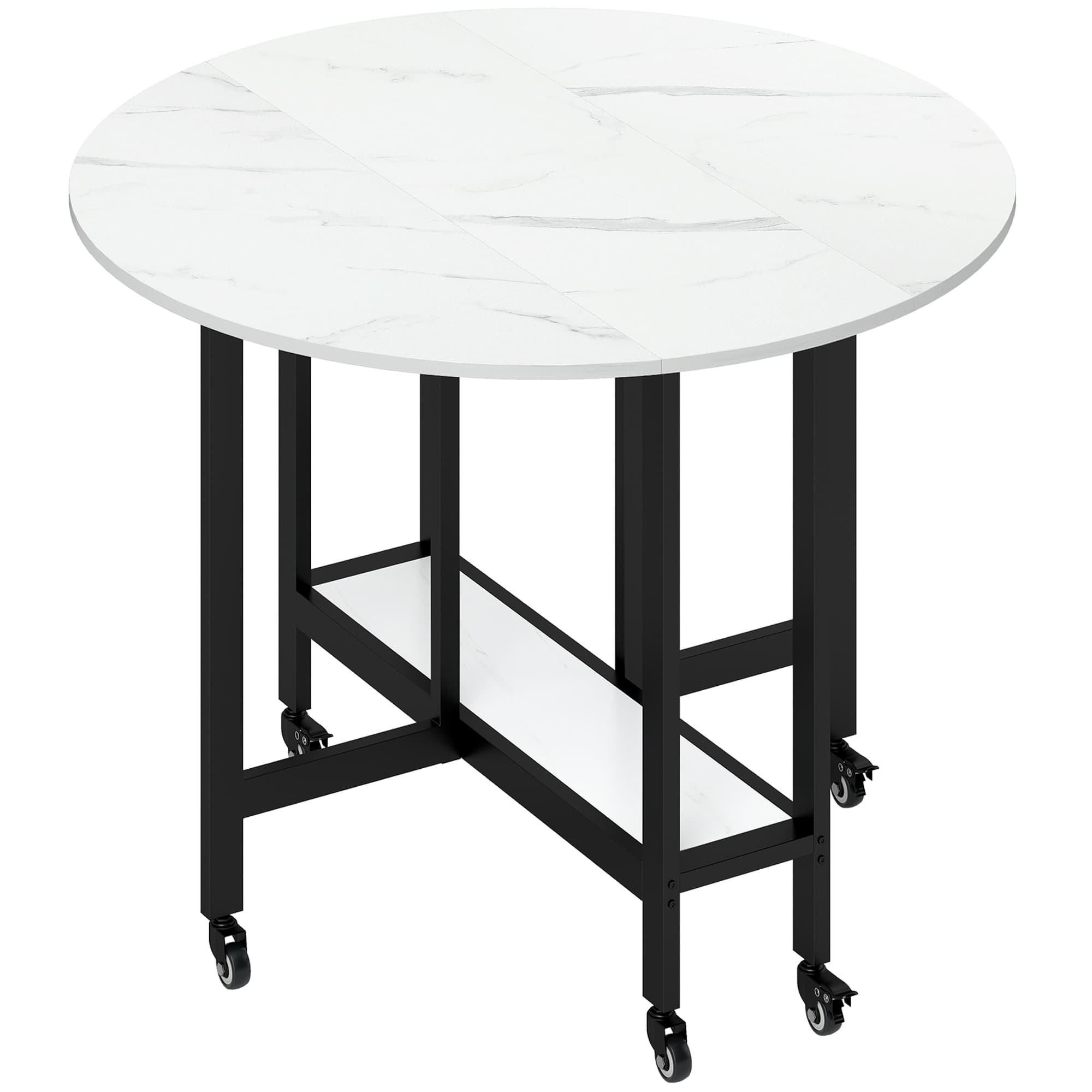 HOMCOM Table à Manger Pliante sur Roulettes, Table de Cuisine pour 4 Personnes avec Étagère Intégrée, 100 x 100 x 75 cm, Blanc