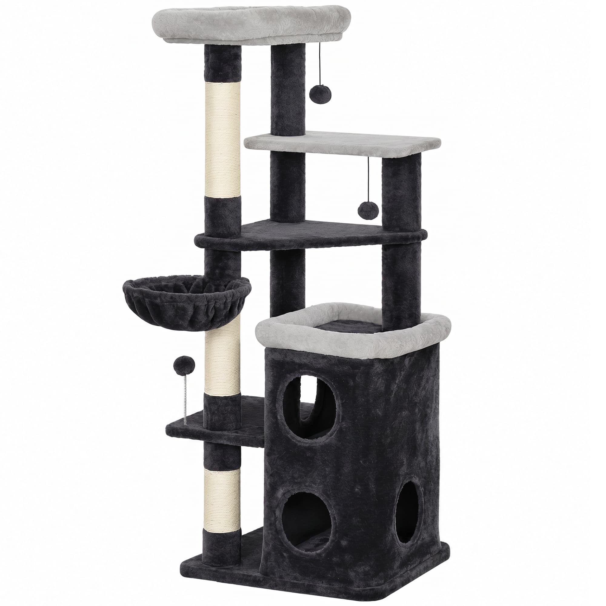 PawHut Arbre à Griffer pour Chats 148 cm avec Maisonnette 2 Niveaux 2 Couchages Hamac Poteaux en Sisal 3 Balles Gris Foncé
