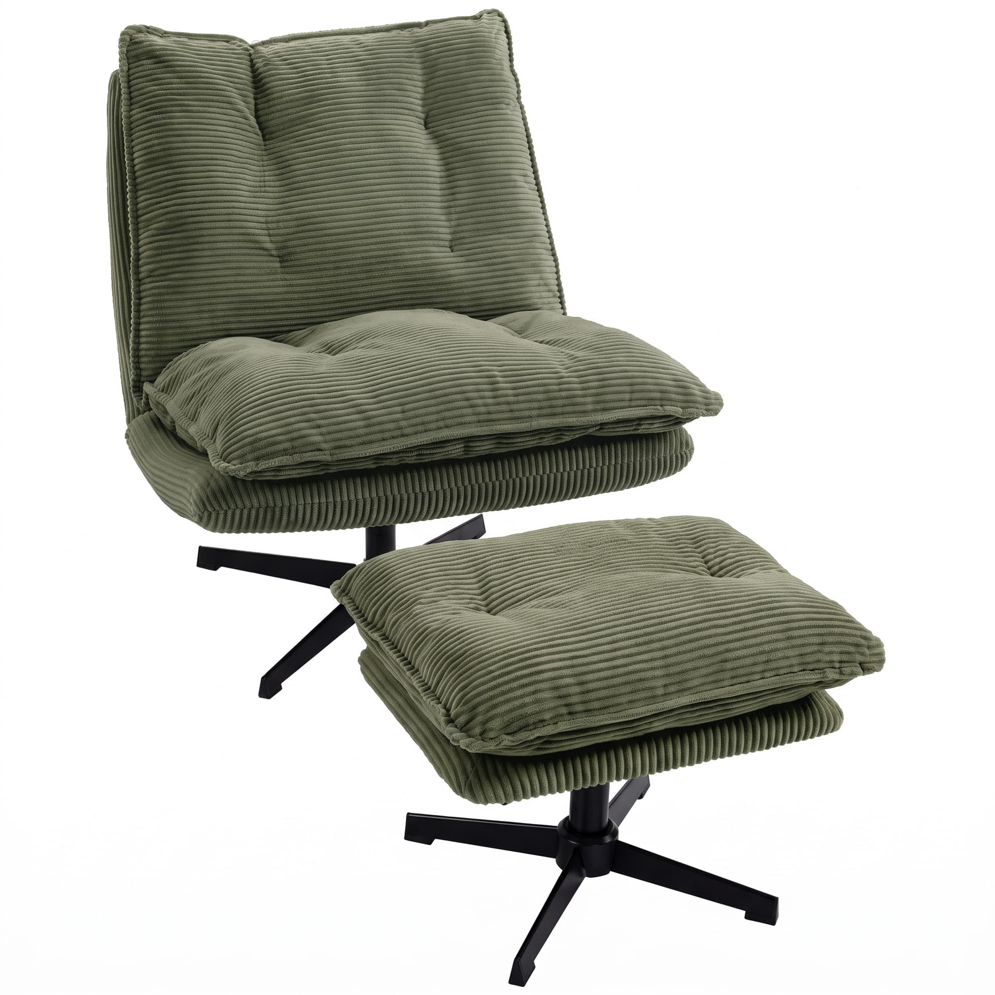 HOMCOM Fauteuil de Salon avec Repose-Pied Réglable, Rotation 360°, Fauteuil d'Appoint en Velours Côtelé, Assise Large, Vert