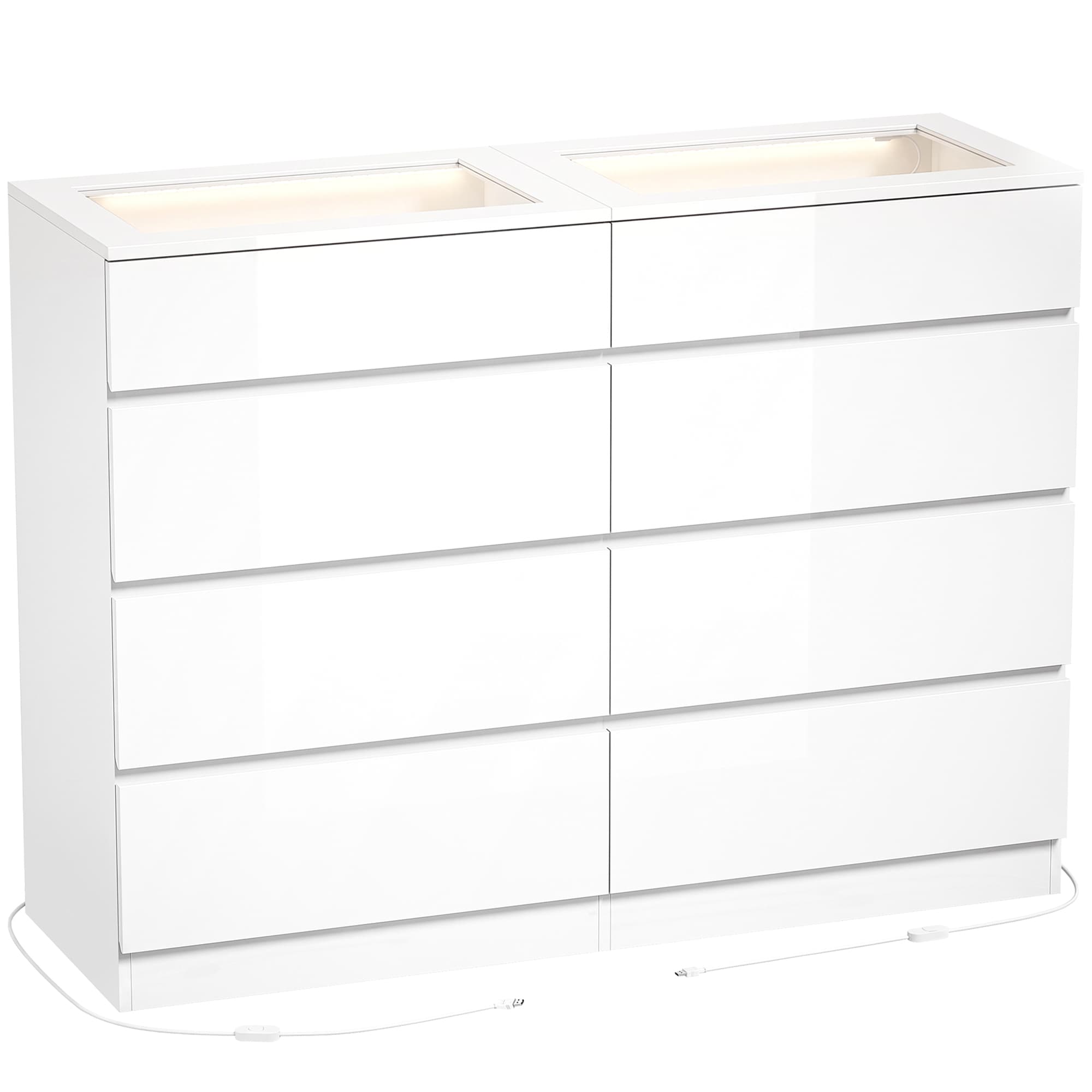 HOMCOM Commode 8 tiroirs avec 2 range-bijoux, plateau en verre trempé, éclairage LED et contrôle Bluetooth Blanche