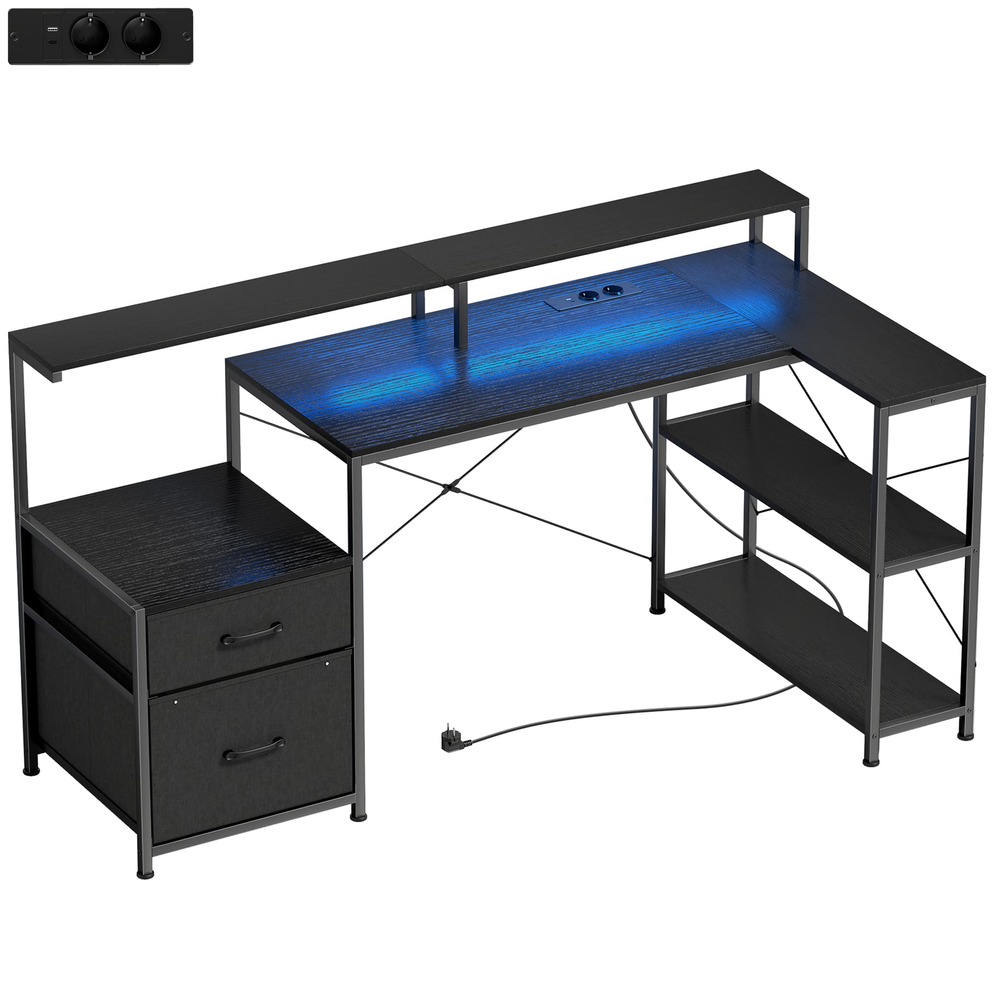HOMCOM Bureau Gaming d'Angle 165 x 80 cm, Éclairage LED et Station de Charge, Support pour 2 Écrans et 2 Tiroirs en Tissu, Noir