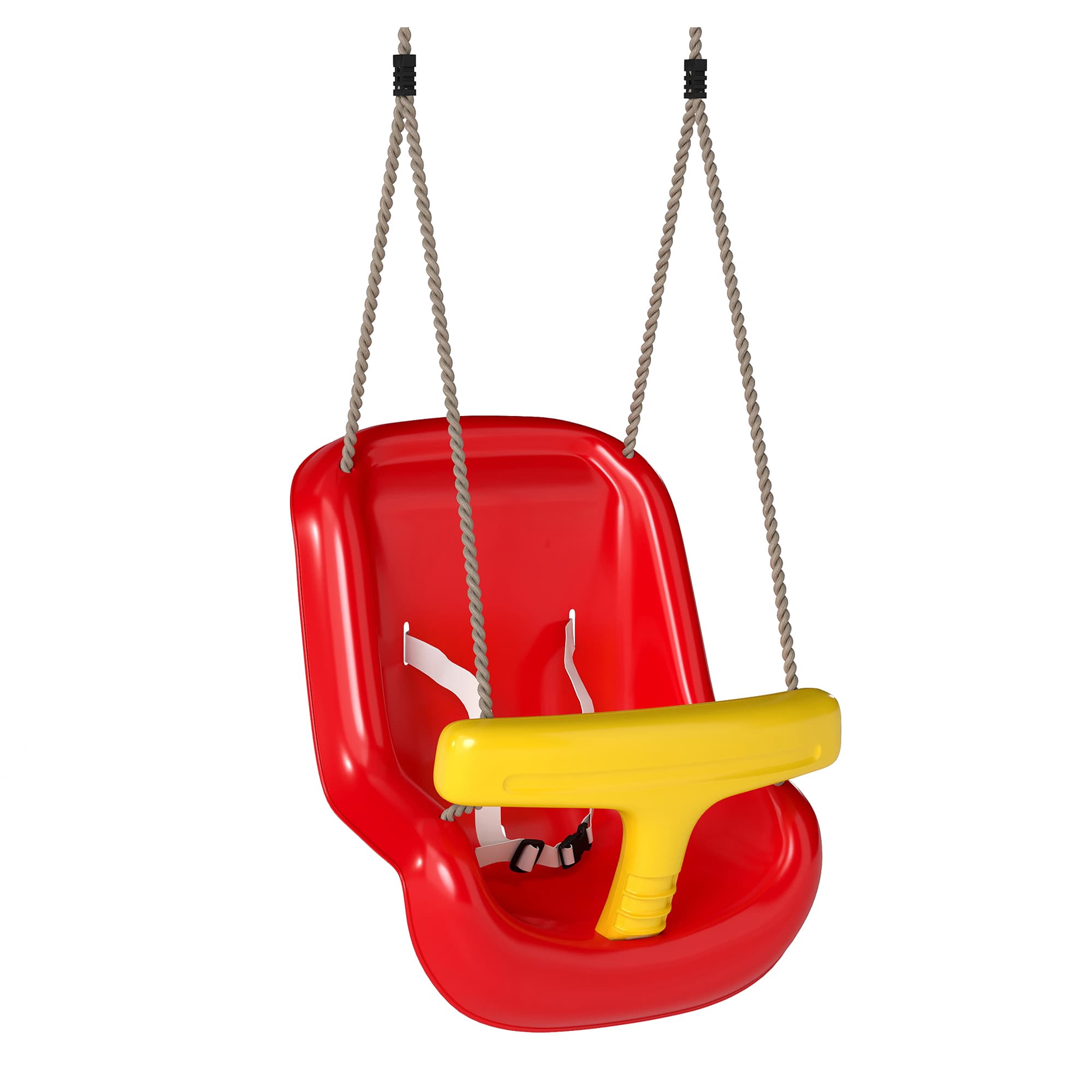 AIYAPLAY Balançoire pour enfants, balançoire bébé extérieure, dossier haut, barre de sécurité, hauteur ajustable, rouge et jaune