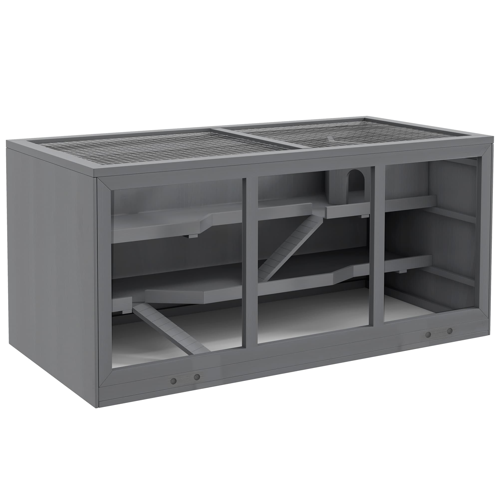 PawHut Cage à hamster cage gerbilles 2 niveaux toit ouvrable fenêtres cabane 2 échelle, 115 x 57 x 55 cm, gris