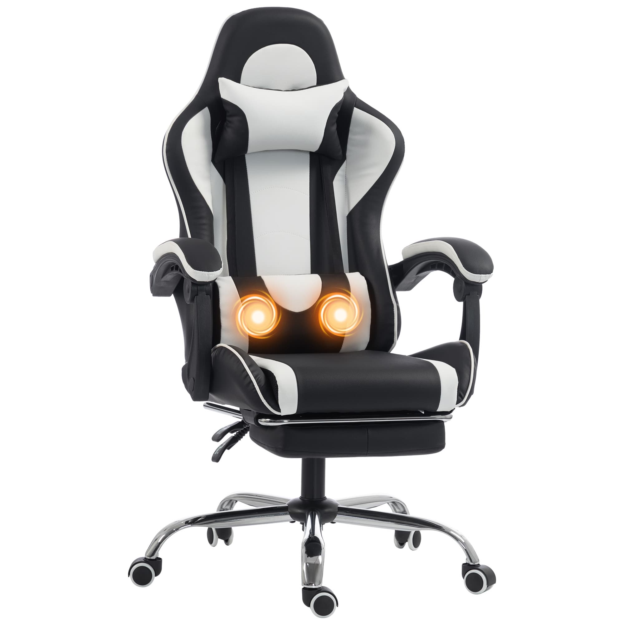HOMCOM Chaise Gaming Ergonomique Massante avec Coussin Lombaire Réglable, Similicuir, Repose-pieds, Blanc