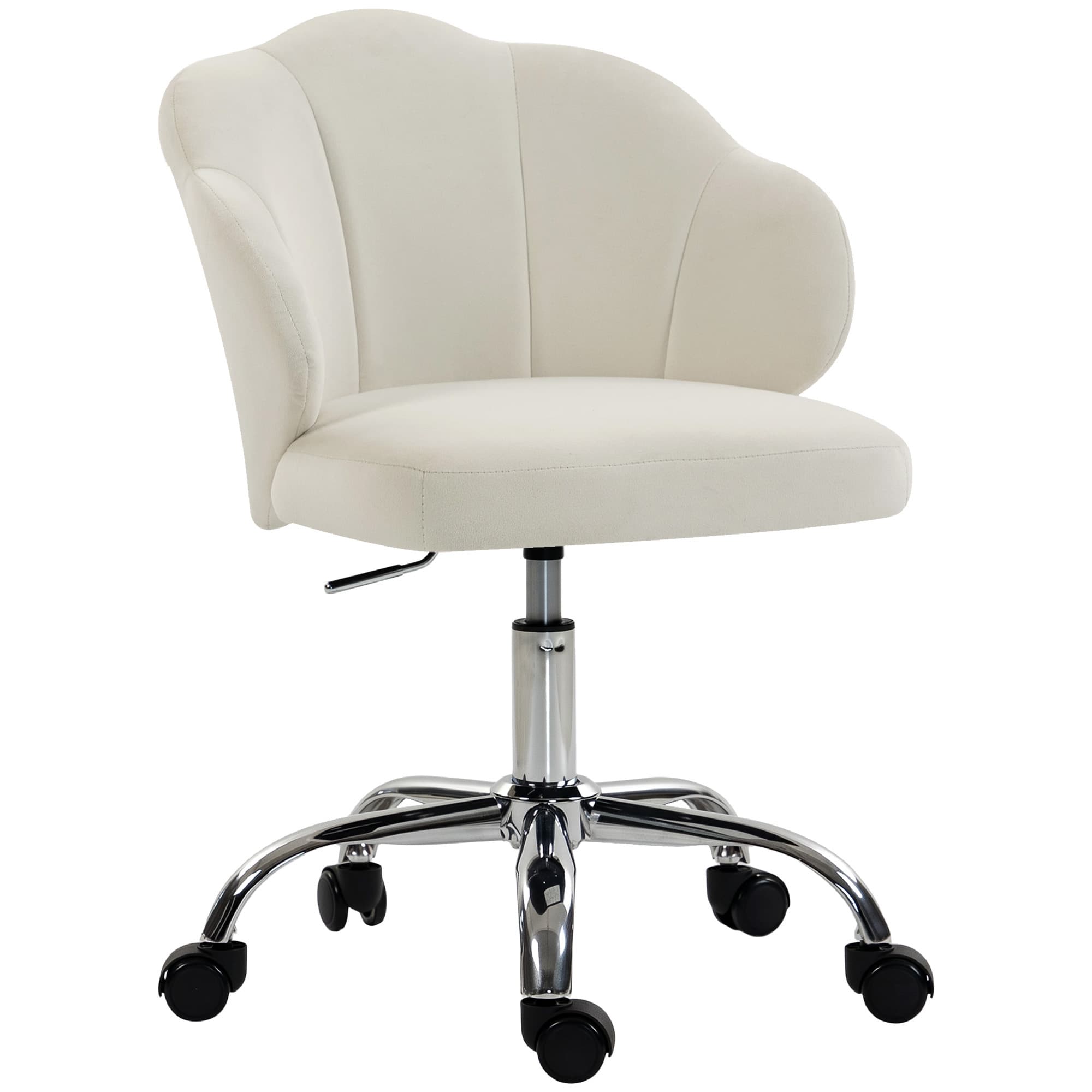 HOMCOM Chaise Bureau en Velours, Chaise Coiffeuse avec Dossier en Pétale, Hauteur Réglable, Fonction Bascule, Crème
