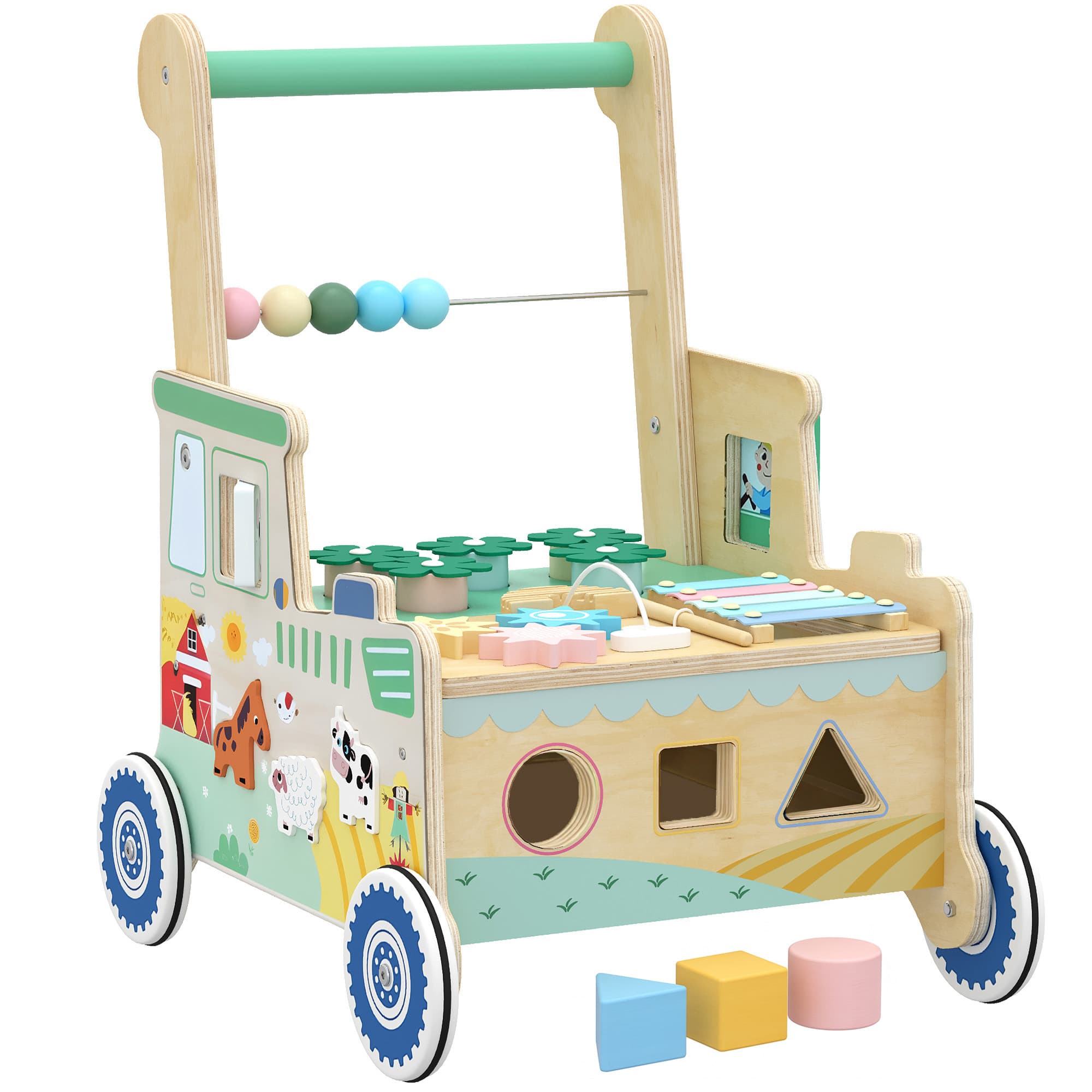 AIYAPLAY Trotteur Bebe en Bois, Chariot de Marche Bébé, Centre d'Activités, Espace de Rangement, Vert
