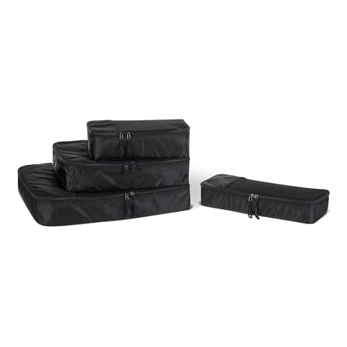 Amazon Essentials Ensemble de 4 Cubes de Rangement, Organisateurs de Voyage, Double Fermeture Éclair, Dessus en Maille, 100% Polyester, Tailles S/M/L et Format Fin, Noir (Anciennement Amazon Basics)