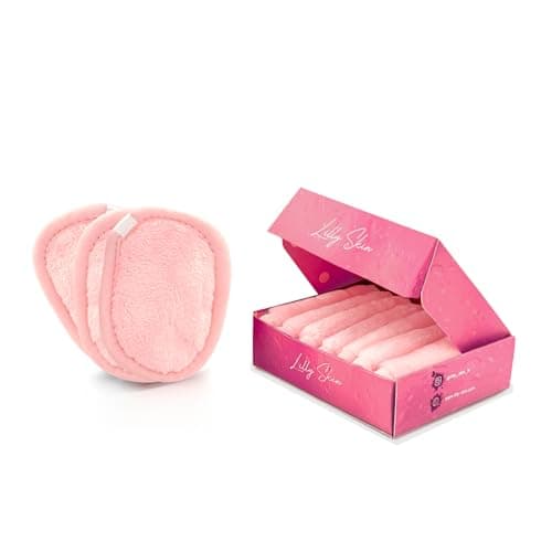 Pads Démaquillants Lavables et Réutilisables Lilly Skin - Lingettes Carrées Microfibres Nettoyantes et Exfoliantes pour la Peau du Visage - Boîte de 7 Pads en Tissu Simili Coton - Rose Poudré - XL