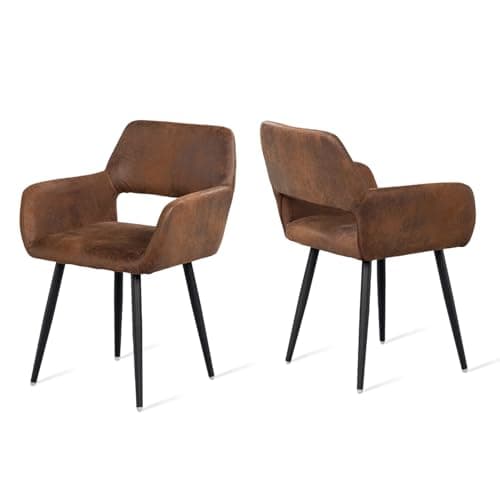 MEUBLE COSY Lot de 2 Chaises de Salle à Manger Fauteuil Rétro Vintage Assise rembourrée en en suédine Pieds en métal pour Cuisine Salon Chambre Bureau, Brune, Marron