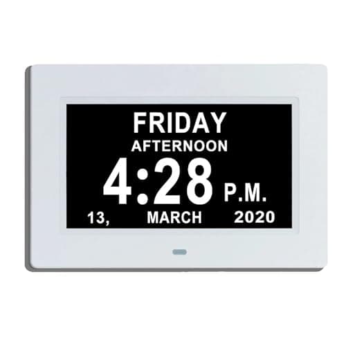 Alovez 7 Pouces LCD Horloge Numérique Calendrier avec Date Jour Et Heure Horloge Non-Abrégée Auto Dimming 8 Langues HD Display Rappel pour Alzheimer Les Personnes âgées et Les Enfants (Blanc)