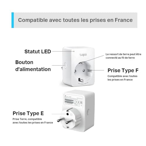 Tapo Prise Connectée WiFi, Prise Intelligente compatible avec Alexa et Google Home, 10A Type F, Contrôler le radiateur, la cafetière, la lampe à distance, aucun hub requis, Tapo P100(4-pack)