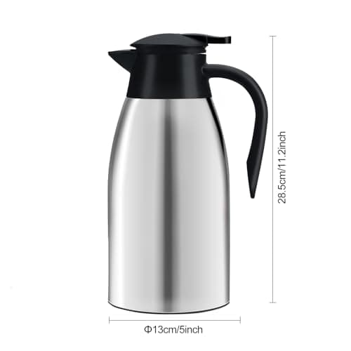 Pichet Isotherme 2L Thermos café 304 Acier Inoxydable Double-Wall Vacuum Isolé thermos 2L avec Poignée et Bec Café Pot Thermos pour Eau Chaud au Bureau Hôtel et Restaurant (argent)