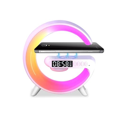 Les-Theresa G Light lampe à chargeur sans fil, lampe à chargeur sans fil avec haut-parleur Bluetooth, lampe de chevet avec chargeur sans fil, lampe d'ambiance G avec réveil (blanc)