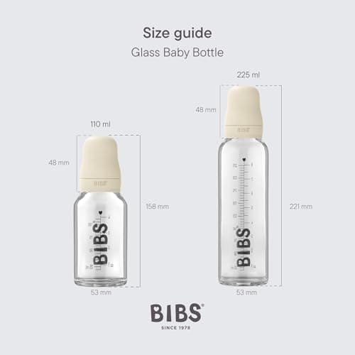 BIBS Baby Glass Bottle. Anti-colique. Embout rond en latex de caoutchouc naturel. Favorise l’allaitement naturel (Transparent, Complete Set - 110 ml)