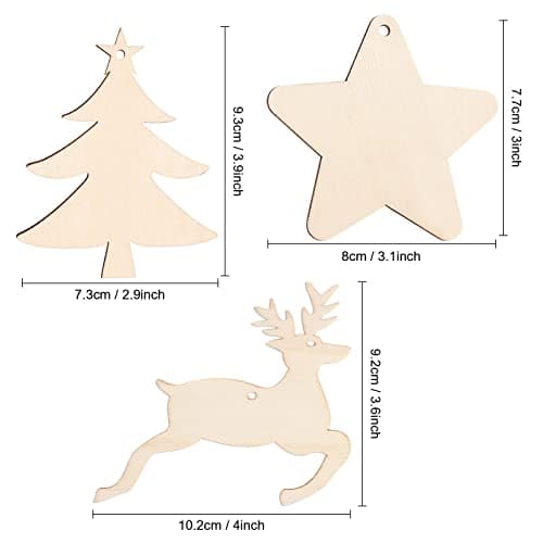 30 pcs Suspension Bois de Noël, Pendentifs en Bois Bricolage avec Ficelle pour Décorations Arbre de Noel(Sapin de Noël, étoiles et rennes)