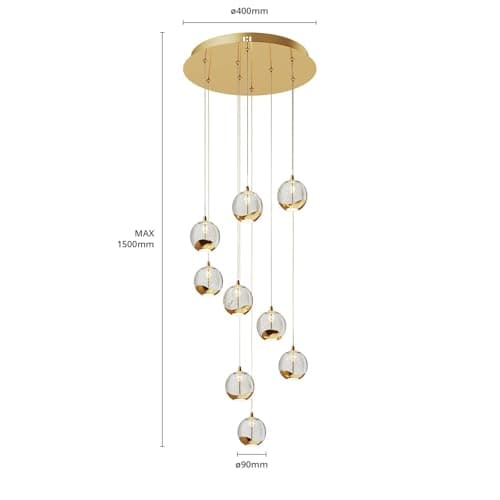 LED Suspension en verre Hayley (Moderne) Doré Métal e. a. pour Salon & Salle à manger (à 9 lampes,), Luminaire, Lampe plafond, Luminaire Plafonnier, Suspendue