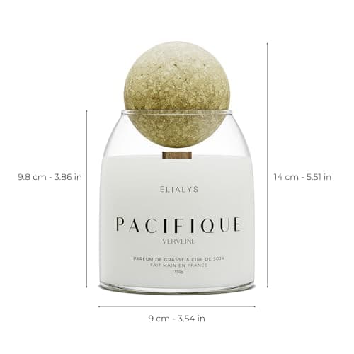 ELIALYS Bougie Parfumée Artisanale au Parfum de Grasse, VERVEINE, Mèche en Bois Crépitante - PACIFIQUE, 350g, ±70 heures de combustion, Fabriquée en France - Parfum Intense & Longue durée