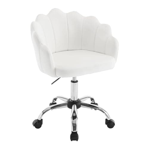 WOLTU Chaise Bureau, Chaise Coiffeuse, avec Dossier en Pétale, Fauteuil Coquillage, Chaise de Bureau Ergonomique, Chaise Velours Pivotante, Hauteur Réglable, Cadre en Métal, Crème Blanc BS152cm