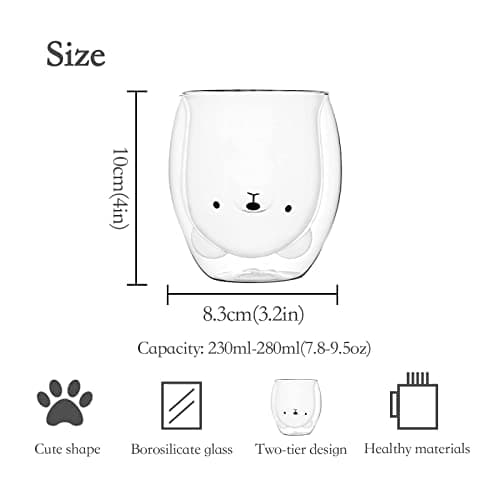 SHENDONG Ensemble de 2 Tasses Ours Mignon Ours Mignon de Tasses Thé Café Tasse Tasse à Lait Tasses à Expresso en Verre isolé à Double paroi en Verre Cadeau pour Anniversaire Personnel Saint Valentin
