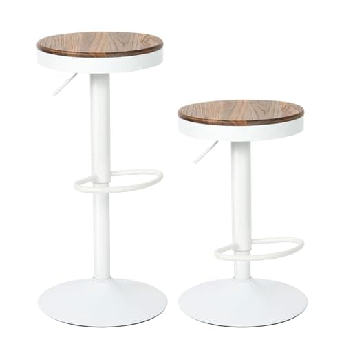YOUNIKE Tabouret Bar Bois Rond Chaises Haute de Bar Assise Ilot Central Cuisine Siege Bar Lot de 2 Vintage Reglable Rotation Metal Pivotante Blanc