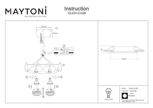 MAYTONI, Plafonnier 2 Spot, Atom, Moderne, luminaire, En aluminium couleur noir, dimmable, encastrable, réglable à 25° 2 X GU10 (50W) non incl. 230V