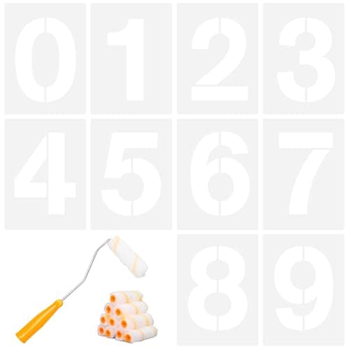 Pilikoll 10 Pcs 30cm Grand Pochoir Numéro avec Mini Rouleau de Peinture Pochoirs Chiffres de 0 à 9 Réutilisables en Plastique Pour Marquer les Places de Parking des Garages, Projets Artistiques