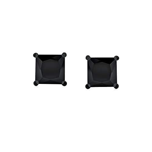 Boucles D'Oreilles Solitaires En Zircon Cubique De Taille Princesse 3Ct Noir Sur Noir Pour Hommes Femmes Cz Secure Screw Back Plaqué Noir .925 Argent Sterling