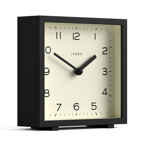 JONES CLOCKS Horloge de Bureau Disco » – Design carré élégant en Noir, élégant et Facile à Lire pour Une étagère, Une Table, Une cheminée ou Un Chevet
