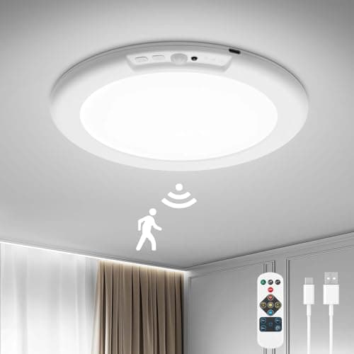 Bojim Plafonnier LED avec Detecteur de Mouvement, ø19cm Plafonnier Sans Fil Télécommande, Lampe de Plafond Rechargeable 3 modes Déclairage Luminosité Réglable pour Couloirs Escalier Balcon Garage