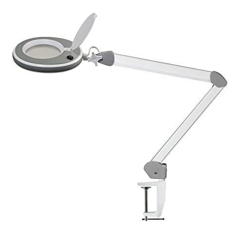 Lumeno 8213GR LED Lampe loupe pour poste de travail Lampe cosmétique, intensité lumineuse réglable, lentille en verre cristallin de 127 mm, aide à la lecture/loupe, 3 dioptries avec pied à roulettes