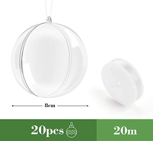 ilauke 20 Boules de Noël en Acrylique Transparentes avec Plumes,Fil de Perles,Flocons de Neige,Boule Plastique Transparent Acrylique Remplissable Boule pour Décoration Saisonnière,Mariage,Fête (80mm)