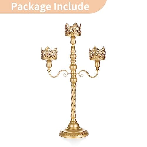 Nuptio Chandeliers Or 56cm 3 Bras Chandeliers Piliers Métal 3-Bougies Chandeliers Centrepiece Vintage Chandeliers pour Noël Pâques Anniversaire Fiançailles Mariage Décorations