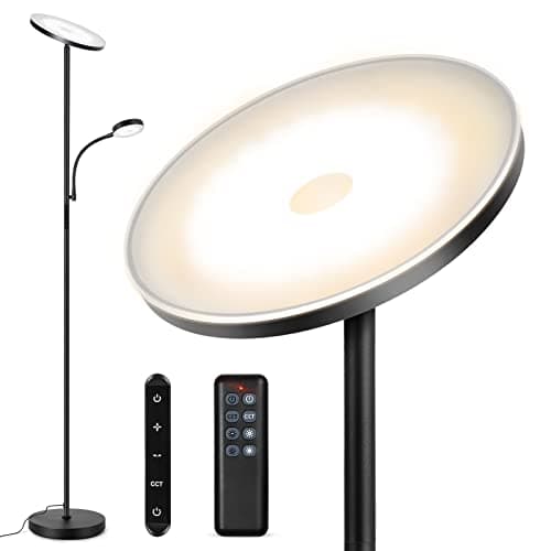 OUTON Lampadaire sur Pied LED, Lampe sur Pied Dimmable 4 Températures de Couleur, Lumière Principale de 27 W et Lampe de Lecture de 7 W, Télécommande et Contrôle tactile pour Salon, Chambre, Bureau