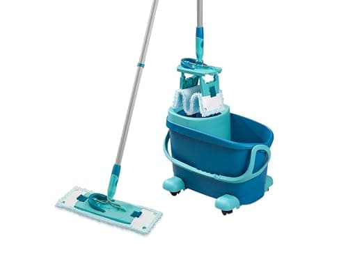 Leifheit Set Clean Twist M Ergo, lave-sol avec molleton ultra doux, seau essoreur et balai à plat essorage facile, balai serpillère microfibre, kit de lavage pour sols délicats, chariot à roulettes