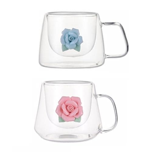Bafnsiji 2pcs Tasses à café en Verre, Tasse de Verres Cappuccino Latte Macchiato, Tasses de Verres à café à Fleur à Double paroi, Tasses de Verres à Latte isolés, 200ml