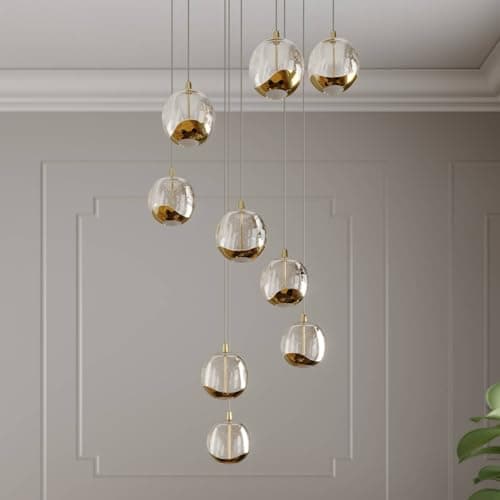 LED Suspension en verre Hayley (Moderne) Doré Métal e. a. pour Salon & Salle à manger (à 9 lampes,), Luminaire, Lampe plafond, Luminaire Plafonnier, Suspendue