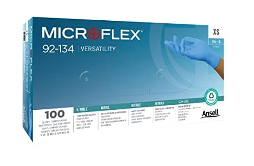 Ansell Microflex 92-134 Gants Jetables en Nitrile, Non Poudrés, Protection Multiusage, Alimentaire, Chimique et Mécanique, Gants Professionnels Sans Latex, Bleu, Taille S (100 Gants)