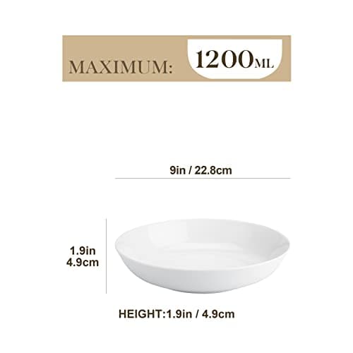 MALACASA Série REGULAR Assiettes à Pâtes en Porcelaine 1200ml, Grand Assiettes Creuses Blanches pour Salade Soupe Pâtes Macaronis, 6 Bols à Pâtes