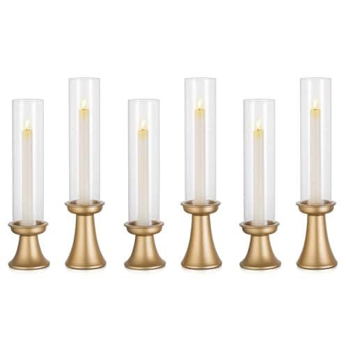 NUPTIO Bougeoir Verre Chandelier Doré - 6 Pièces Centre de Table Mariage Metal Porte Bougie Or Bougeoirs Noel Cheminée de Salle À Manger Halloween Décoration