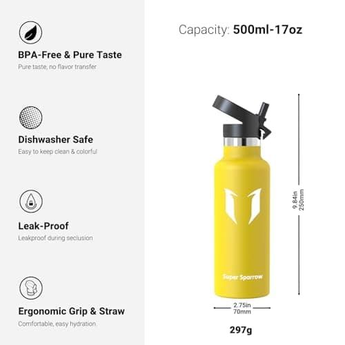 Super Sparrow Gourde Isotherme - 18/10 Ultra Léger Bouteille Isotherme - 500ml - Gourde INOX Bouche Standard -Gourde Sport Étanche Avec Couvercle à Paille - Gourde Enfant sans BPA, pour Voyages,Maison