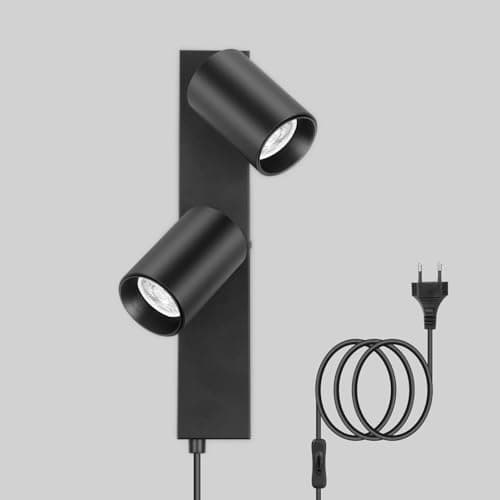 TaFiCo Applique Murale 2 Spots Interieur avec Interrupteur et Prise - Noir Lampe Murale Orientable 350°Spot Luminaire Mural Vintage pour Chambre Salon Cuisine Sans Ampoule