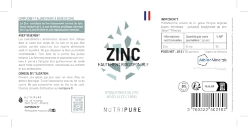 Nutripure | Zinc Bisglycinate 15 mg Haute Qualité ALBION® | Haute Absorption | Antioxydant, Renfort Système Immunitaire, Haute Biodisponibilité | 90 Gélules Végétales | Vegan | Made in France